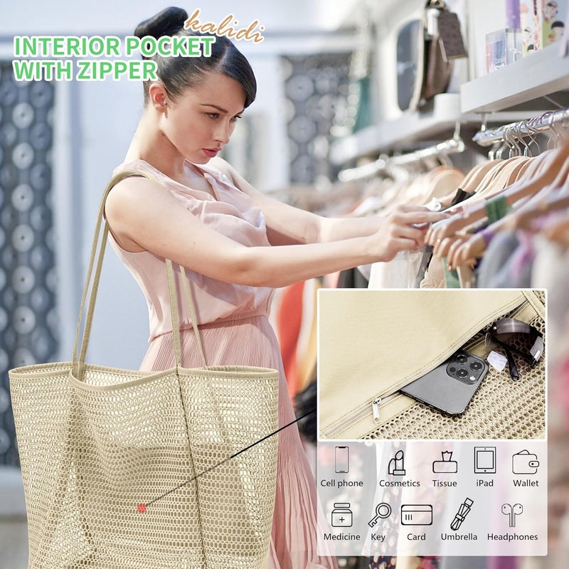 KALIDI BeachNylon Mesh Tote Bag, Casual Tote Bag Hobo Women Foldable MAX 23L Shoulder Bag For Beach Picnic Vacation - Image 3